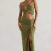 Cabo | Olive Ruched Split Maxi Skirt