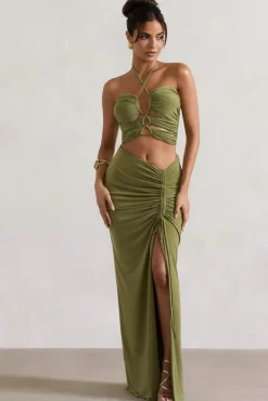 Cabo | Olive Ruched Split Maxi Skirt