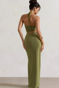Cabo | Olive Ruched Split Maxi Skirt