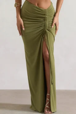 Cabo | Olive Ruched Split Maxi Skirt