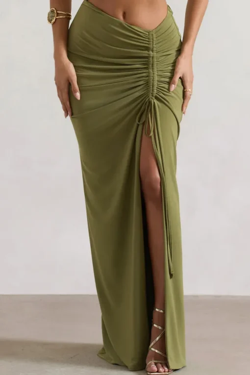 Cabo | Olive Ruched Split Maxi Skirt