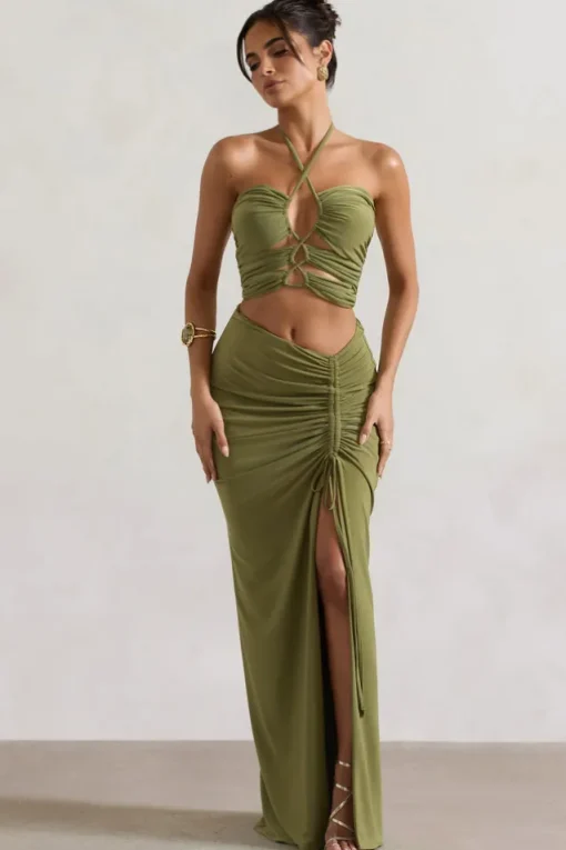 Cabo | Olive Ruched Split Maxi Skirt