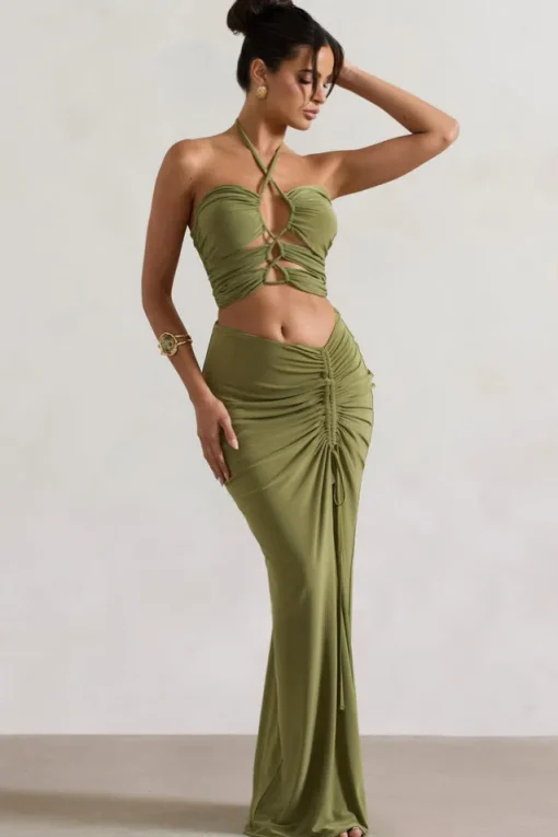 Cabo | Olive Ruched Split Maxi Skirt