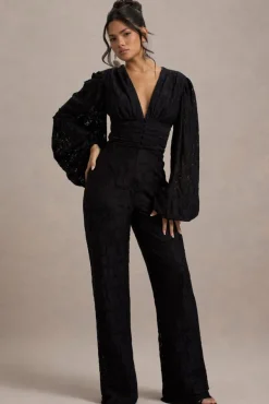 Calamina | Black Lace Plunge-Neck Wide-Leg Jumpsuit