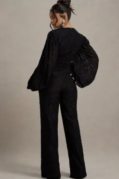 Calamina | Black Lace Plunge-Neck Wide-Leg Jumpsuit