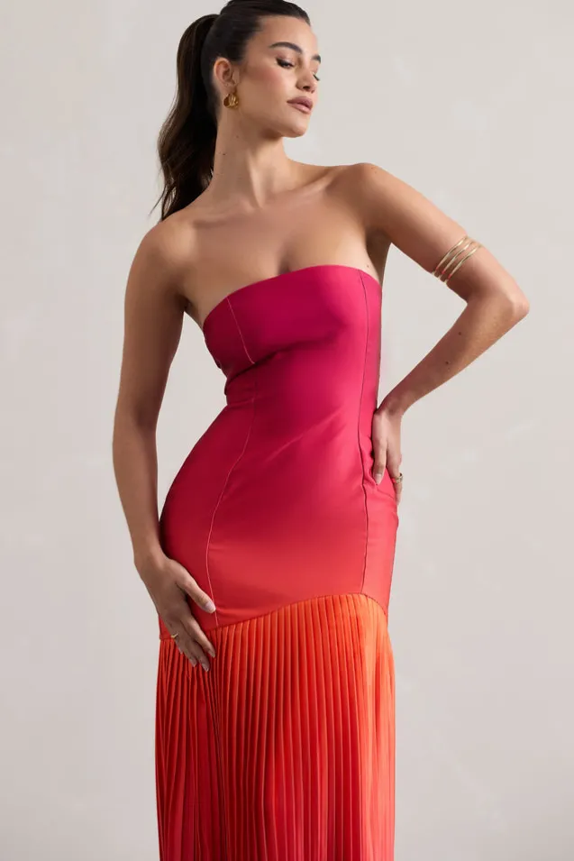California | Pink u0026 Orange Ombre Bandeau Plisse Maxi Dress