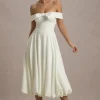 Calliopia | Cream Bow Bardot Midi Dress With Puff-Ball Skirt