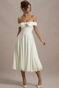 Calliopia | Cream Bow Bardot Midi Dress With Puff-Ball Skirt