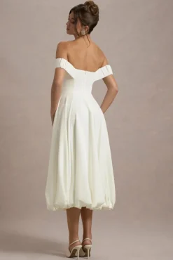 Calliopia | Cream Bow Bardot Midi Dress With Puff-Ball Skirt