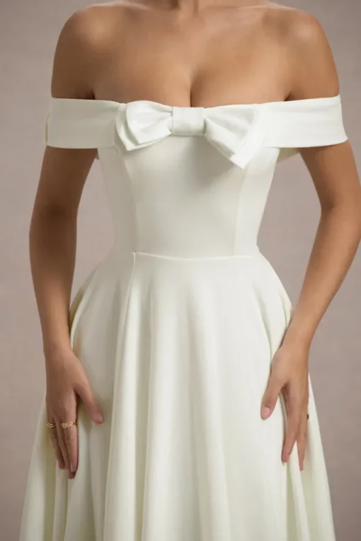 Calliopia | Cream Bow Bardot Midi Dress With Puff-Ball Skirt