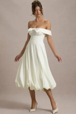 Calliopia | Cream Bow Bardot Midi Dress With Puff-Ball Skirt