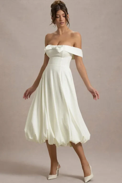 Calliopia | Cream Bow Bardot Midi Dress With Puff-Ball Skirt