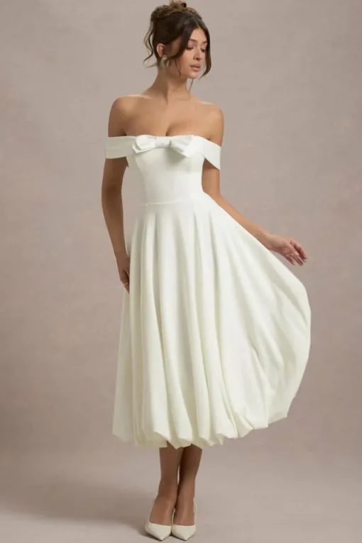 Calliopia | Cream Bow Bardot Midi Dress With Puff-Ball Skirt