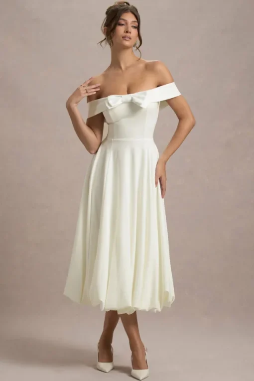 Calliopia | Cream Bow Bardot Midi Dress With Puff-Ball Skirt