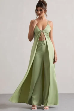 Calvi | Pale Green Satin Longline Cami Top With Split Front