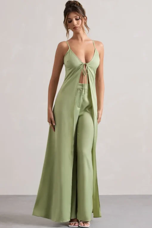 Calvi | Pale Green Satin Longline Cami Top With Split Front