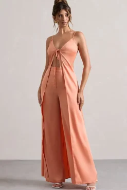 Calvi | Peach Satin Longline Cami Top With Split Front