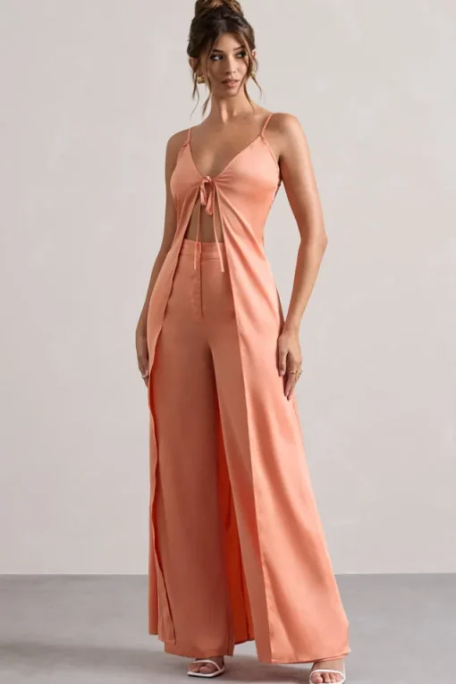 Calvi | Peach Satin Longline Cami Top With Split Front