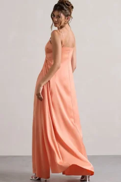 Calvi | Peach Satin Longline Cami Top With Split Front