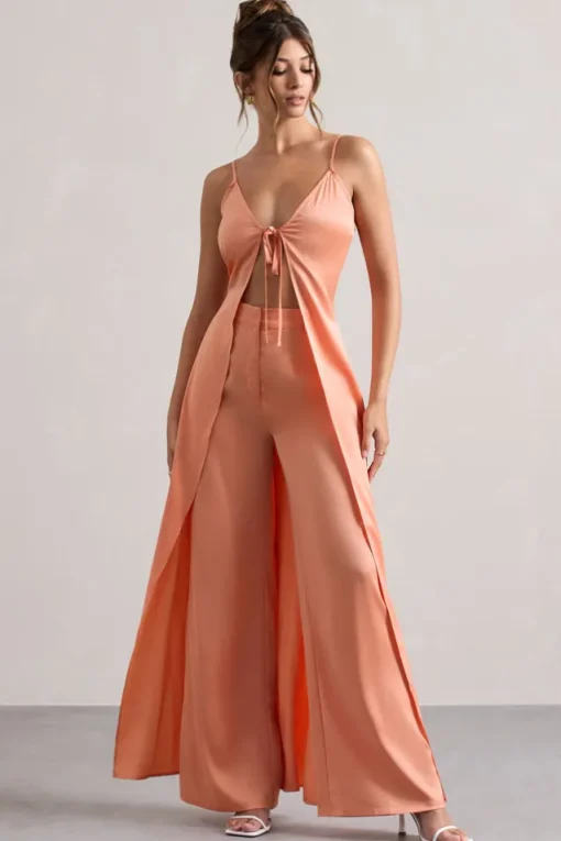 Calvi | Peach Satin Longline Cami Top With Split Front