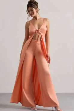 Calvi | Peach Satin Longline Cami Top With Split Front