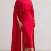 Camellia | Red Midi Dress With High-Low Cape
