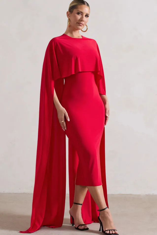 Camellia | Red Midi Dress With High-Low Cape