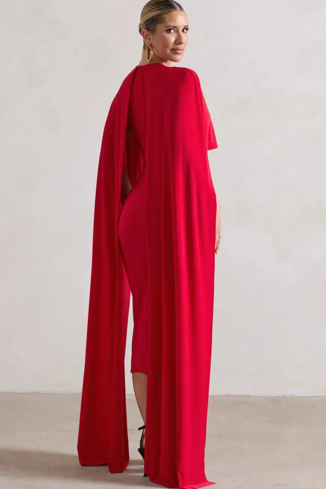 Camellia | Red Midi Dress With High-Low Cape