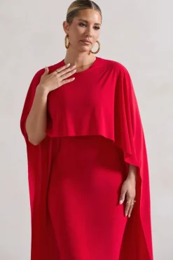Camellia | Red Midi Dress With High-Low Cape