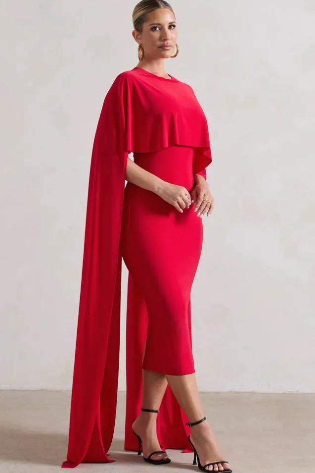 Camellia | Red Midi Dress With High-Low Cape