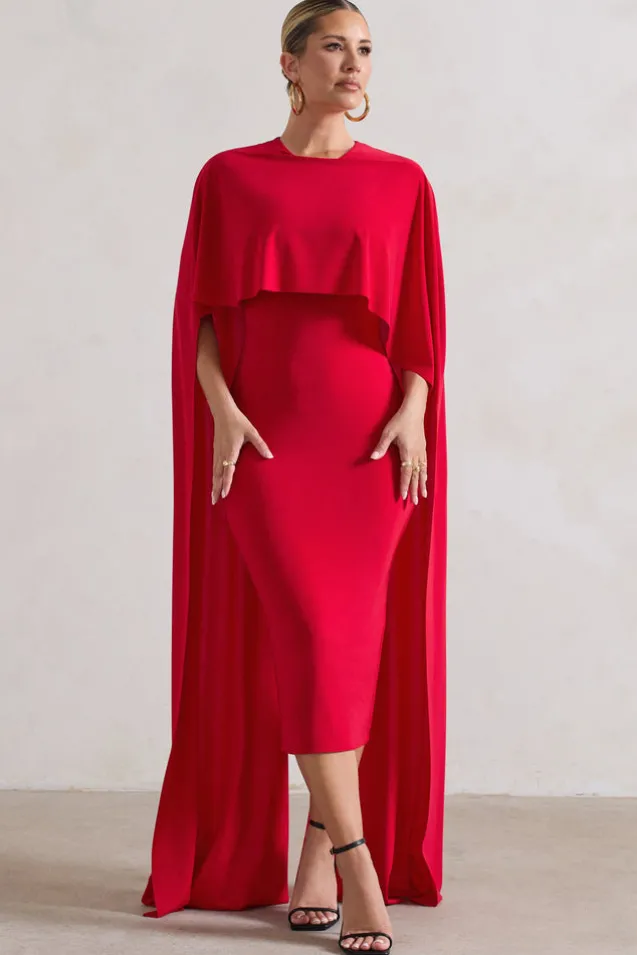 Camellia | Red Midi Dress With High-Low Cape