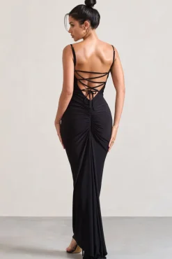 Camera One | Black Strappy Laced Bodycon Maxi Dress
