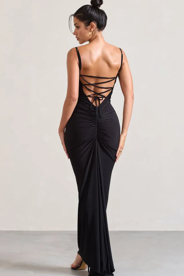 Camera One | Black Strappy Laced Bodycon Maxi Dress