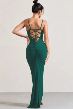 Camera One | Bottle Green Strappy Laced Bodycon Maxi Dress