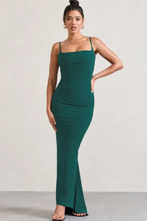 Camera One | Bottle Green Strappy Laced Bodycon Maxi Dress