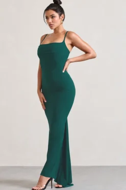 Camera One | Bottle Green Strappy Laced Bodycon Maxi Dress