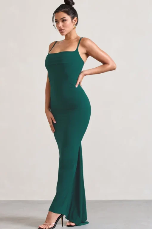 Camera One | Bottle Green Strappy Laced Bodycon Maxi Dress