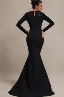 Campbell | Black Long-Sleeve Maxi Dress With Lace Detail