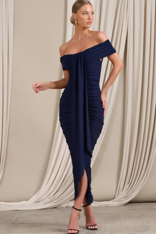 Camrin | Navy Ruched Bardot Maxi Dress With Train Detail