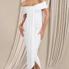 Camrin | White Ruched Bardot Maxi Dress With Train Detail