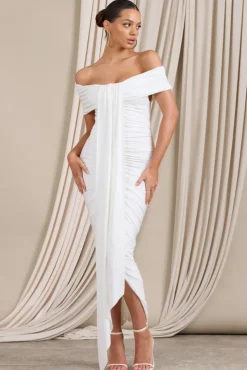 Camrin | White Ruched Bardot Maxi Dress With Train Detail