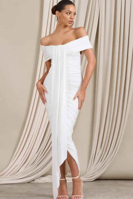 Camrin | White Ruched Bardot Maxi Dress With Train Detail