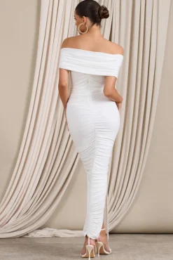 Camrin | White Ruched Bardot Maxi Dress With Train Detail