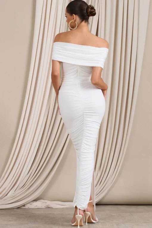 Camrin | White Ruched Bardot Maxi Dress With Train Detail