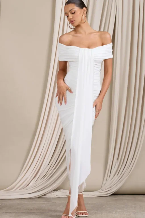 Camrin | White Ruched Bardot Maxi Dress With Train Detail