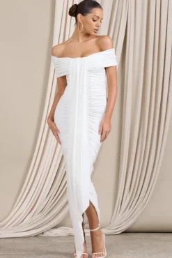 Camrin | White Ruched Bardot Maxi Dress With Train Detail