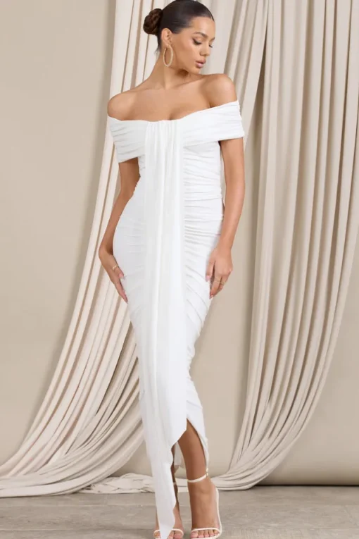 Camrin | White Ruched Bardot Maxi Dress With Train Detail