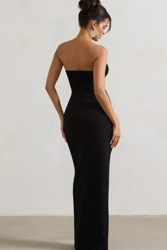 Cancun | Black Crinkle Strapless Cut-Out Maxi Dress With Twist
