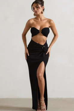 Cancun | Black Crinkle Strapless Cut-Out Maxi Dress With Twist