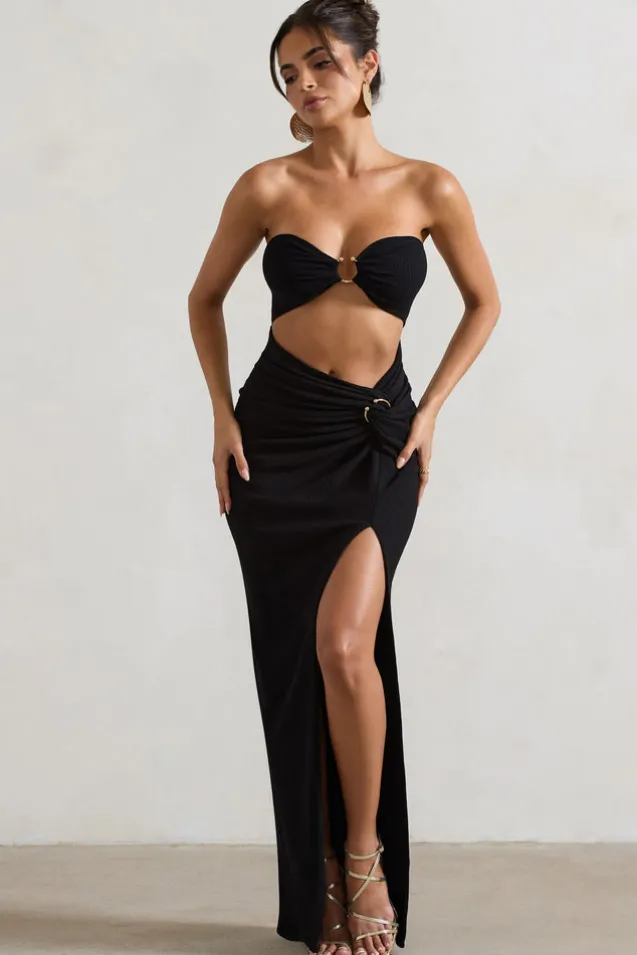 Cancun | Black Crinkle Strapless Cut-Out Maxi Dress With Twist